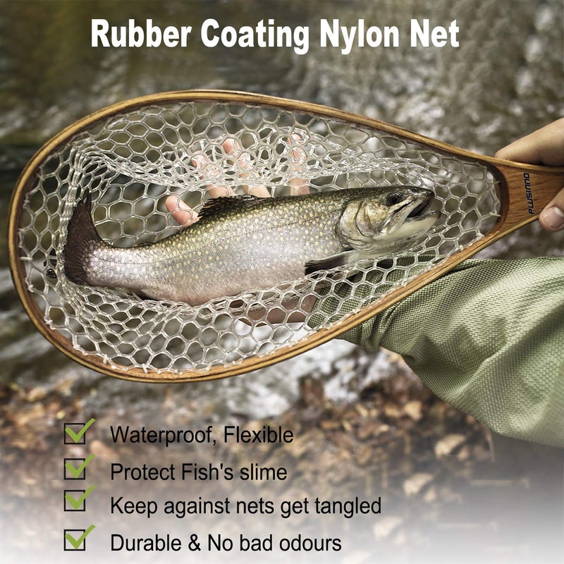 PLUSINNO Fly Fishing Net with Wooden Frame and Magnetic Release, Soft Rubber Mesh for Trout and Bass Catch and Release - Image 2